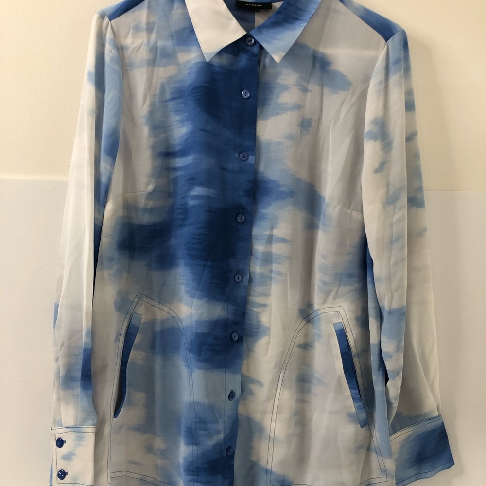 Alfani Deco Breeze Watercolor Blue Oversized Women’s Top, Size Medium